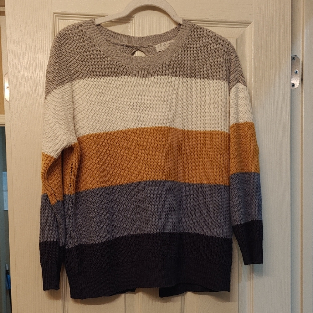 Striped Scoop-Neck Sweater in Gray, Cream & Mustard